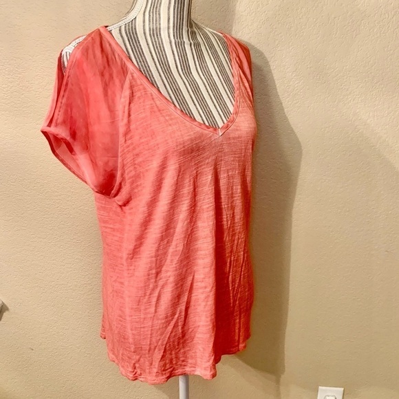 Buffalo Top Large Coral Semi-Sheer Short Sleeves Open Shoulders V-Neck Viscose - Picture 5 of 16